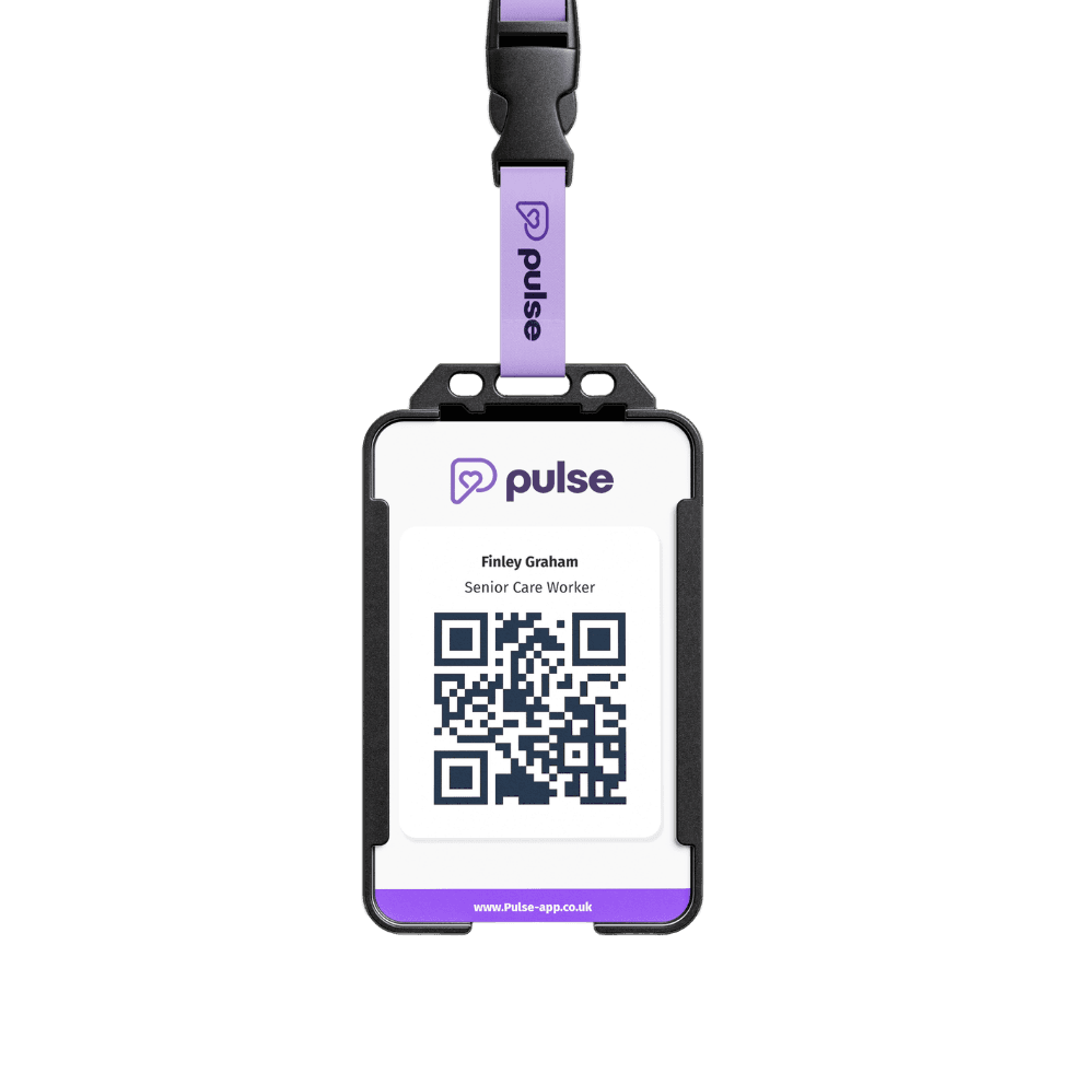 A lanyard with a QR code, worn by a member of staff