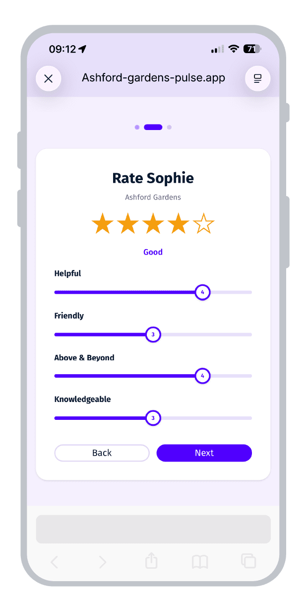 The Pulse review screen on a phone, showing the four-question feedback journey