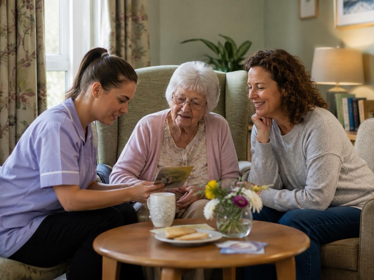 Care assistant helping an older resident prepare for a family visit in a care home lounge