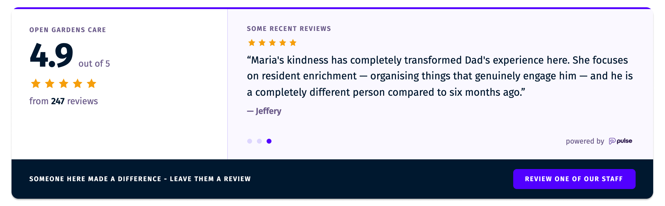 A Pulse review widget embedded on a care provider's website, showing an overall star rating, a recent family review and a call to review a named member of staff