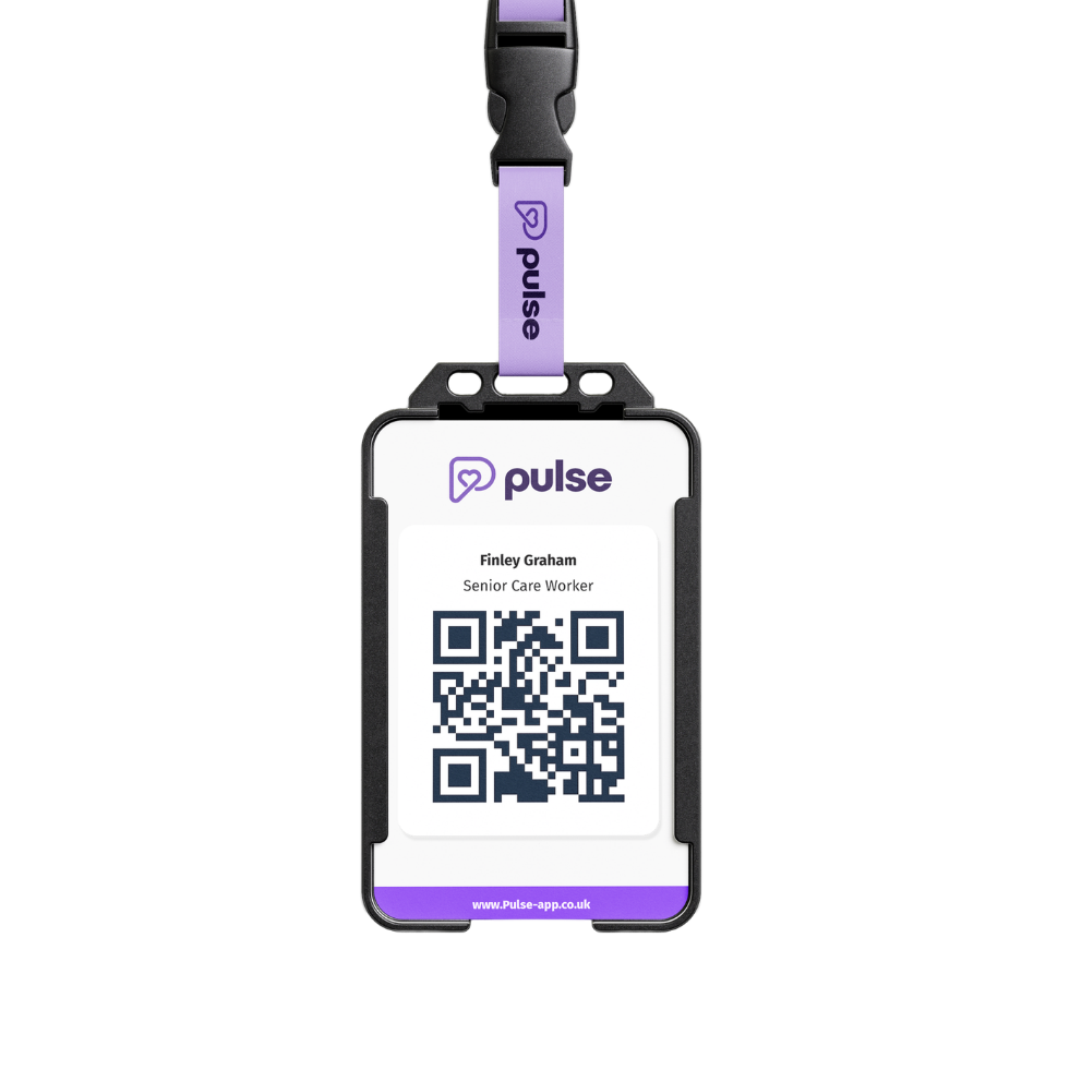 A lanyard with a QR code, worn by a member of staff