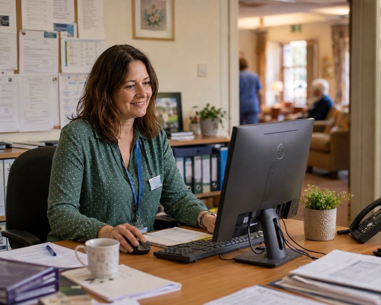A care home administrator working at a desk computer, surrounded by paperwork and binders.