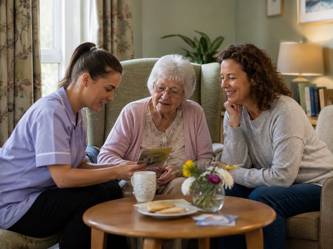 Care assistant helping an older resident prepare for a family visit in a care home lounge
