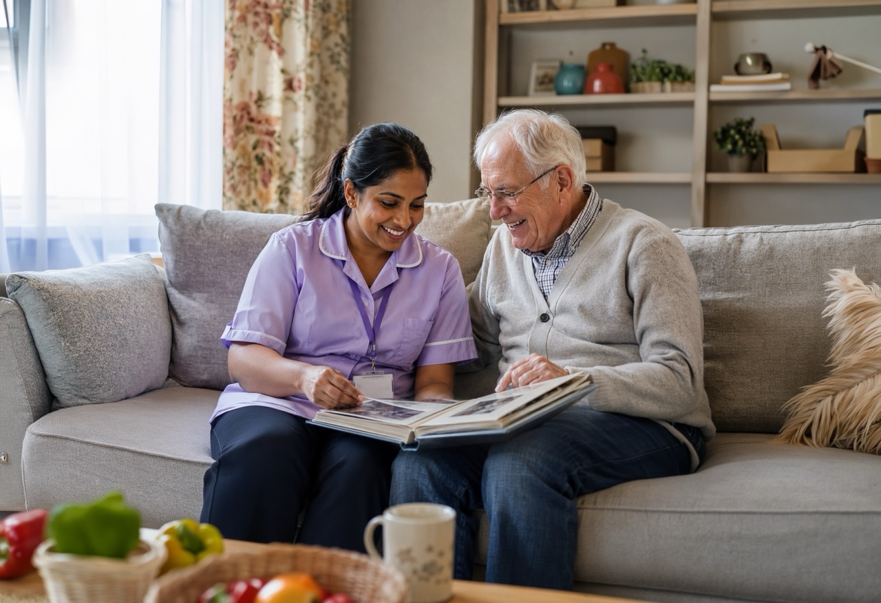 A care worker sitting with a resident, looking through a photo album together