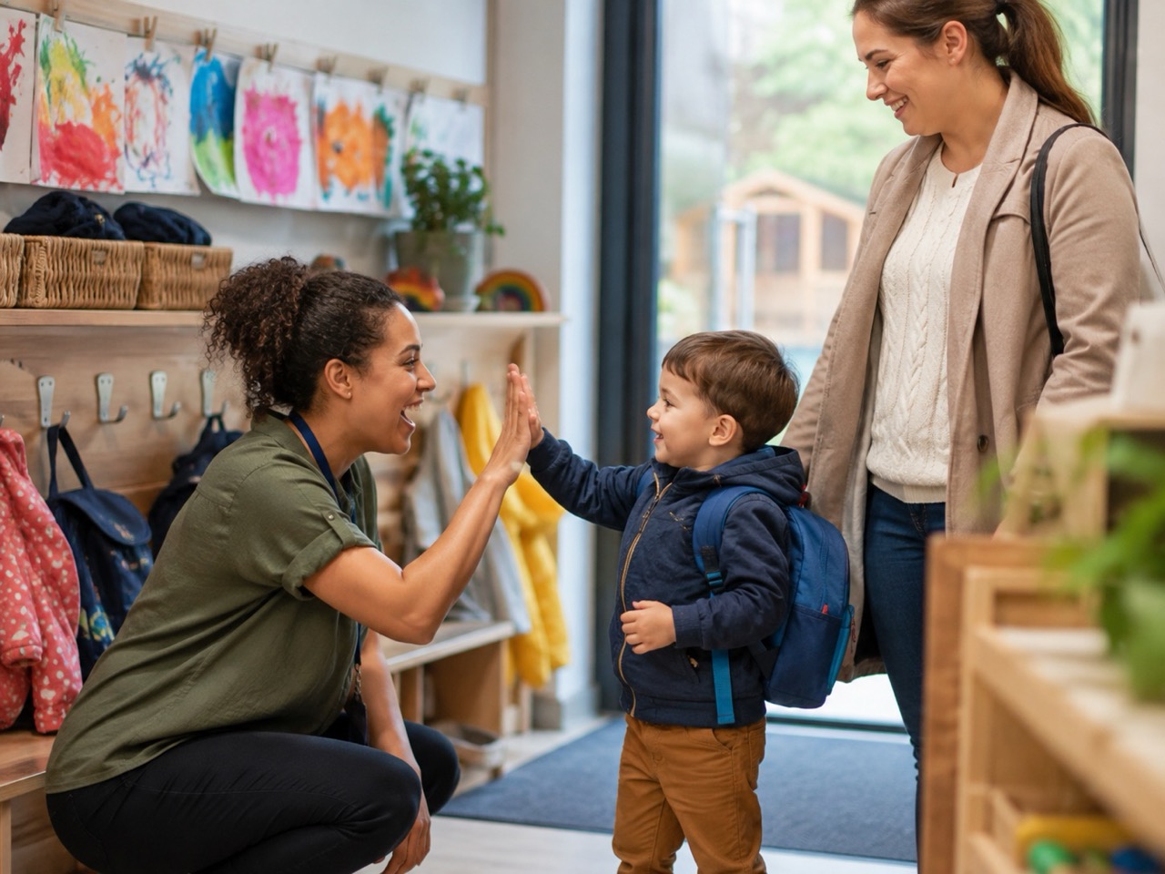 Early years practitioner giving a thoughtful collection handover to a parent while their child stands nearby