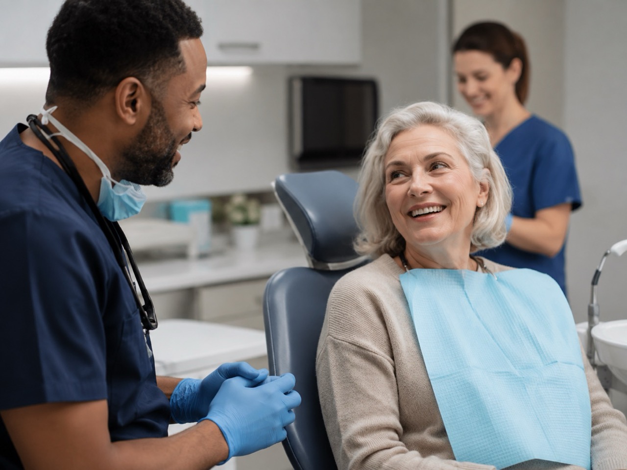 Dental nurse reassuring a patient before treatment while the dentist prepares nearby