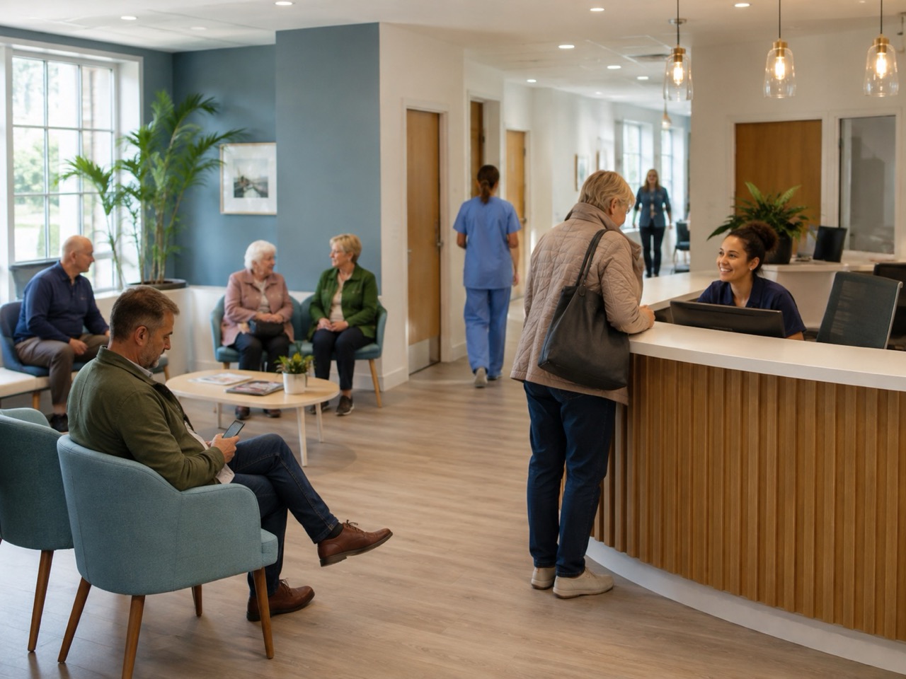 Care navigator helping a patient at GP reception with a nurse and pharmacist visible elsewhere in the practice