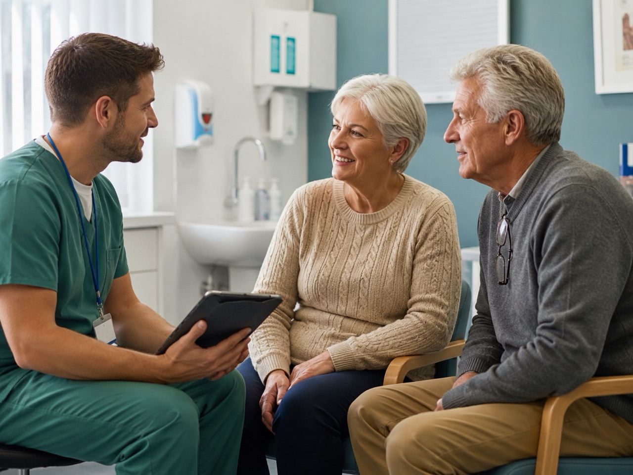 Healthcare support worker speaking calmly with a patient and relative after an outpatient appointment