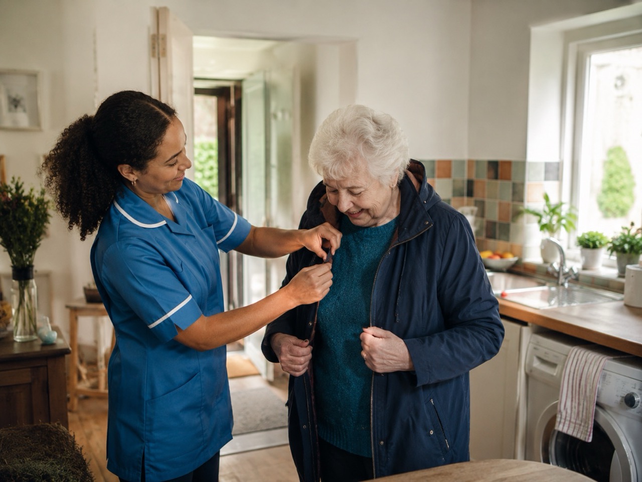 Home care worker supporting an older person with breakfast in their own kitchen