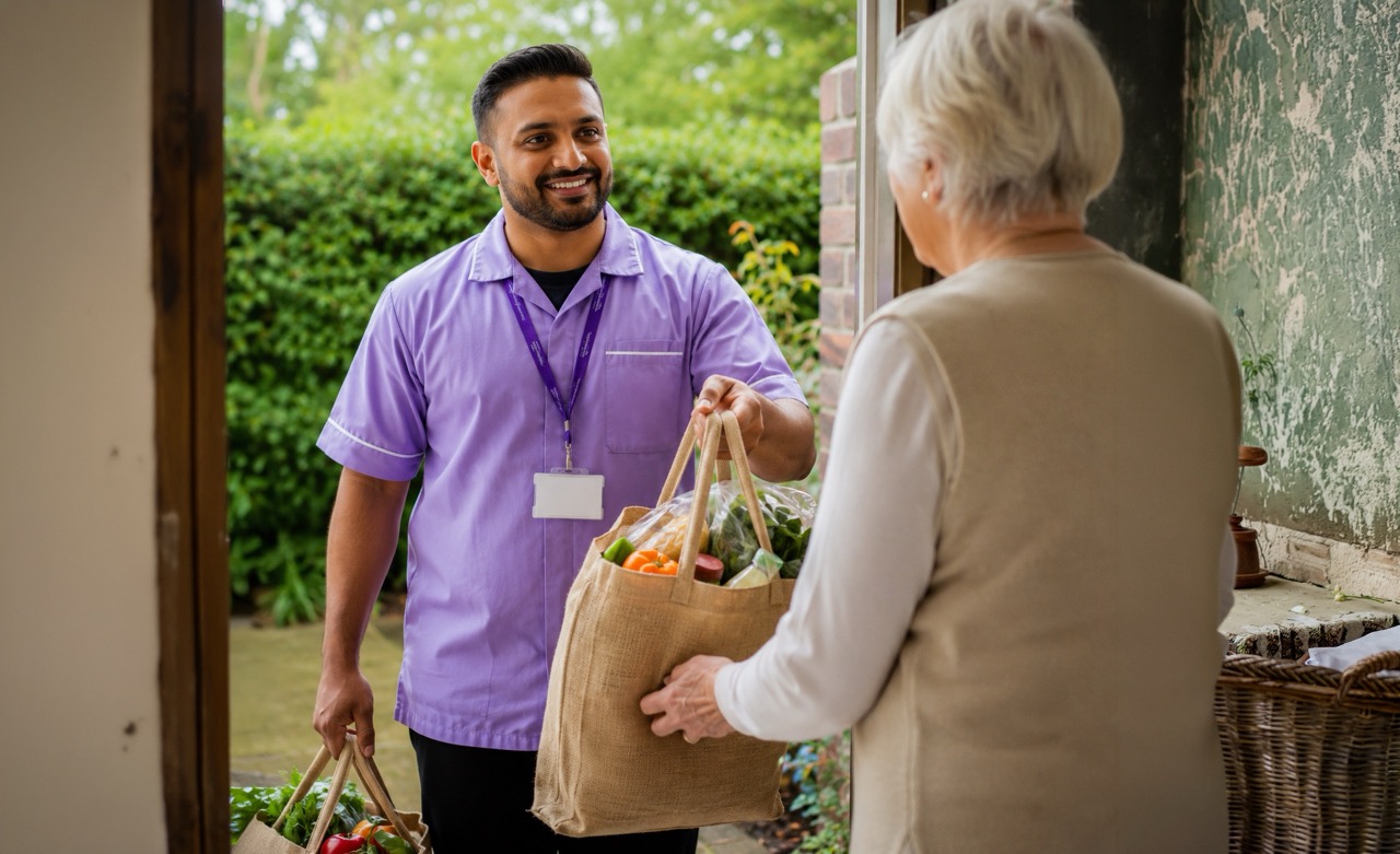 A care worker handing over shopping bags to a woman at her front door