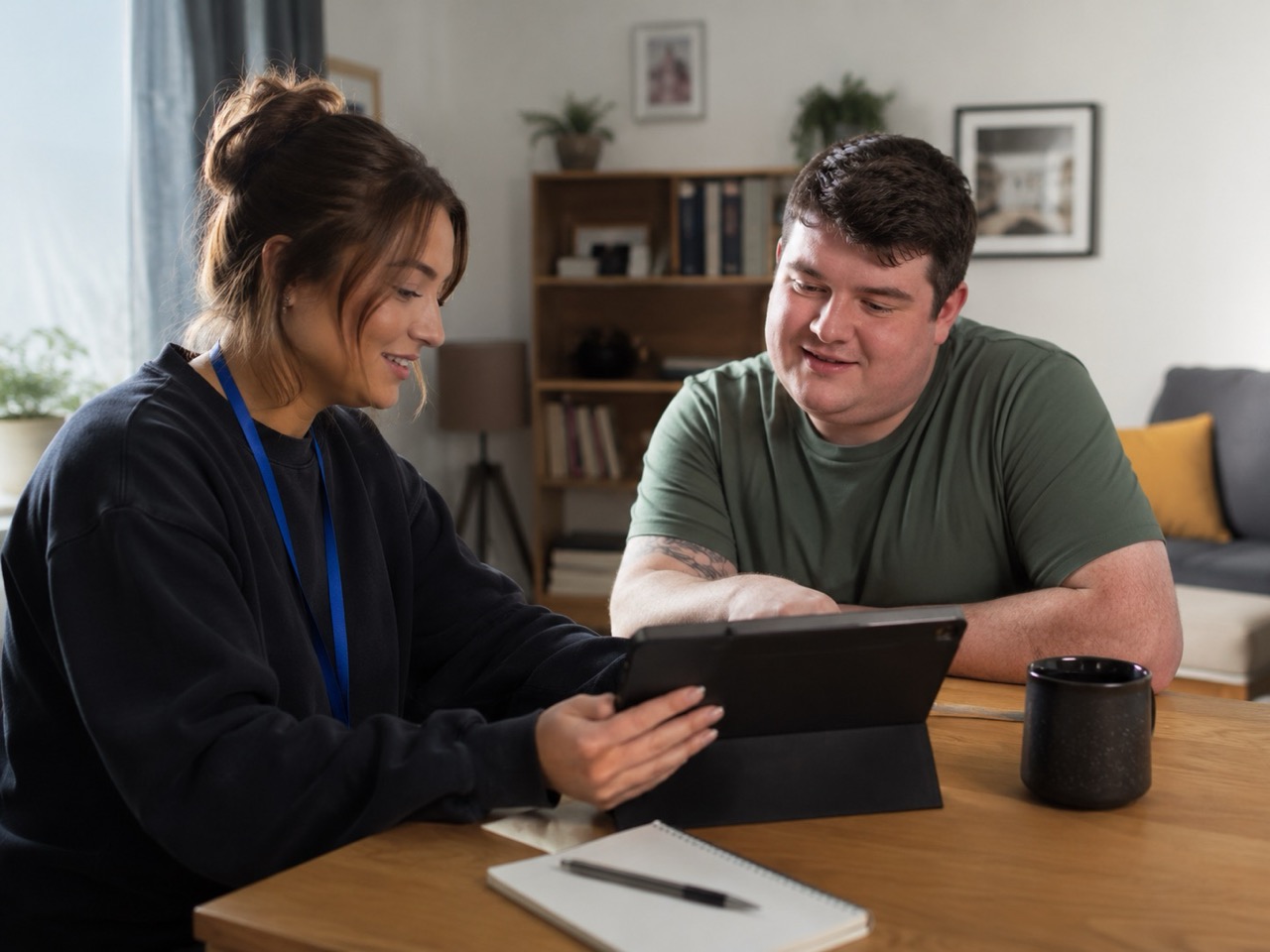 Support worker using a person's preferred visual communication prompts before a community activity