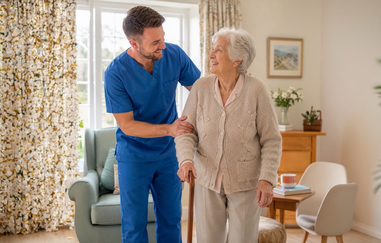 A care worker helping a woman walk with a cane in her living room