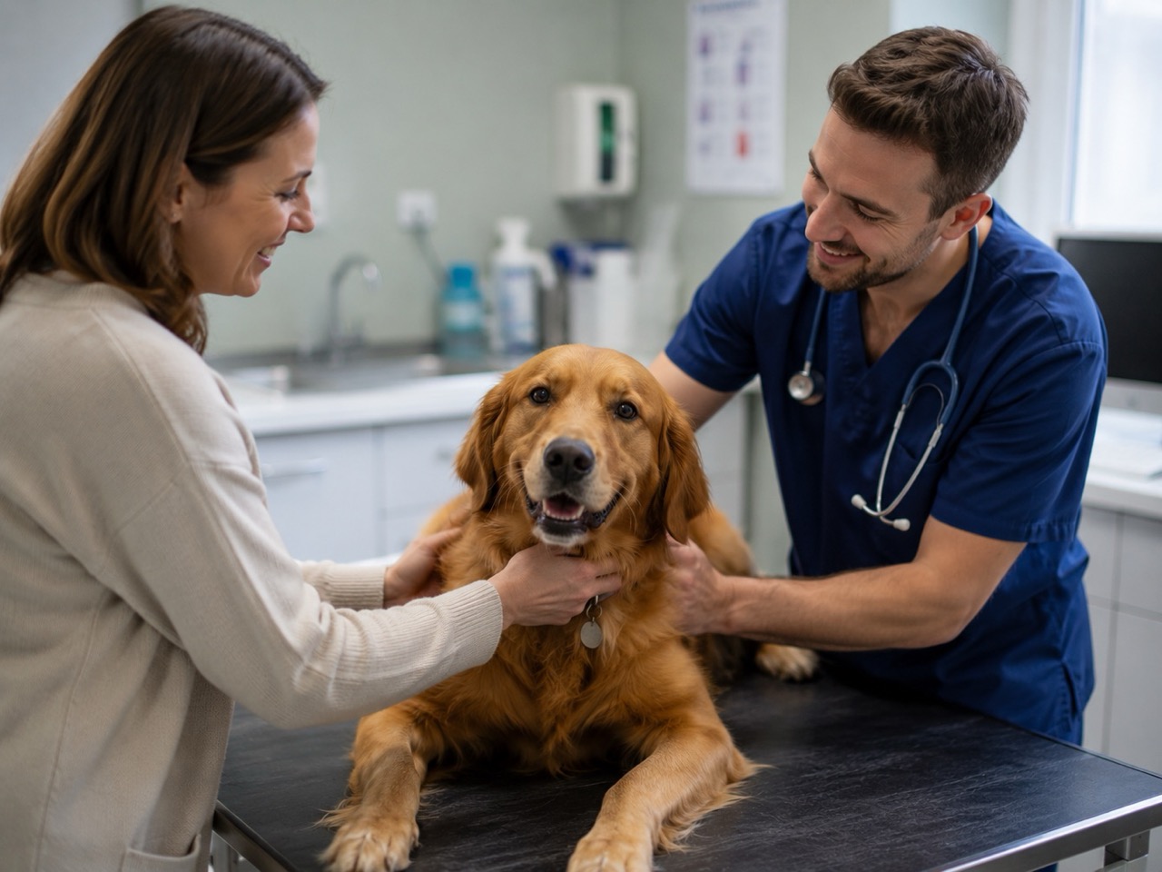 Veterinary nurse calmly explaining recovery care to an owner beside their dog